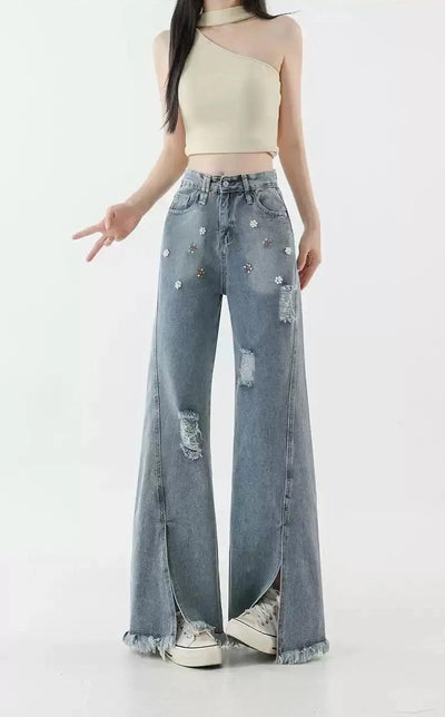 Mina Beaded Slit Raw Edge Jeans-korean-fashion-Jeans-Mina's Closet-OH Garments