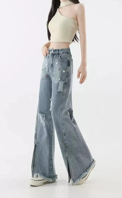 Mina Beaded Slit Raw Edge Jeans-korean-fashion-Jeans-Mina's Closet-OH Garments