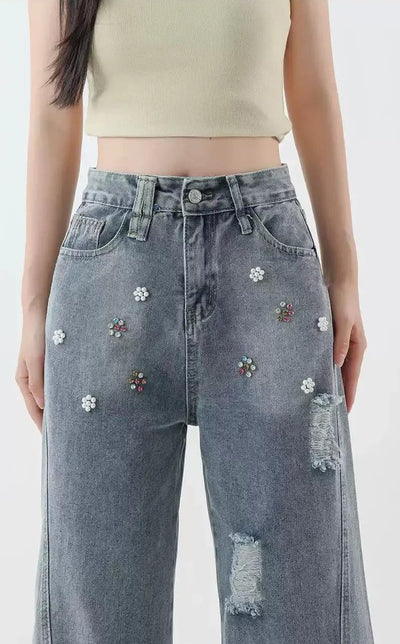 Mina Beaded Slit Raw Edge Jeans-korean-fashion-Jeans-Mina's Closet-OH Garments