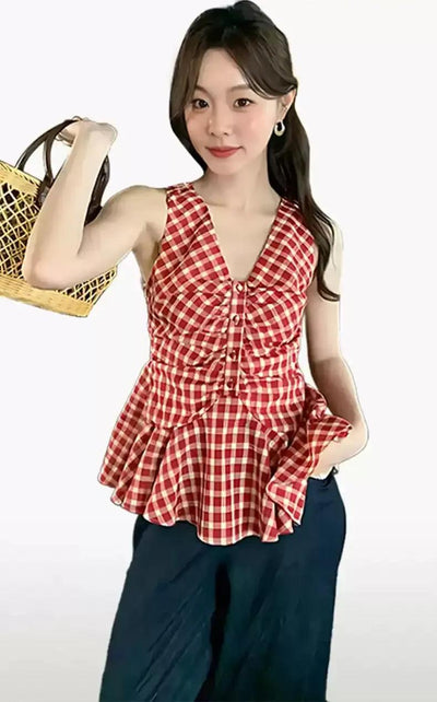 Mina Checkered V-Neck Sleeveless Blouse-korean-fashion-Blouse-Mina's Closet-OH Garments