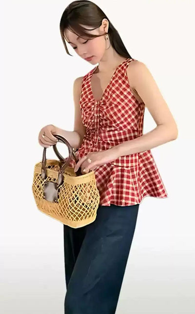 Mina Checkered V-Neck Sleeveless Blouse-korean-fashion-Blouse-Mina's Closet-OH Garments