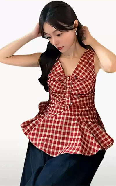 Mina Checkered V-Neck Sleeveless Blouse-korean-fashion-Blouse-Mina's Closet-OH Garments