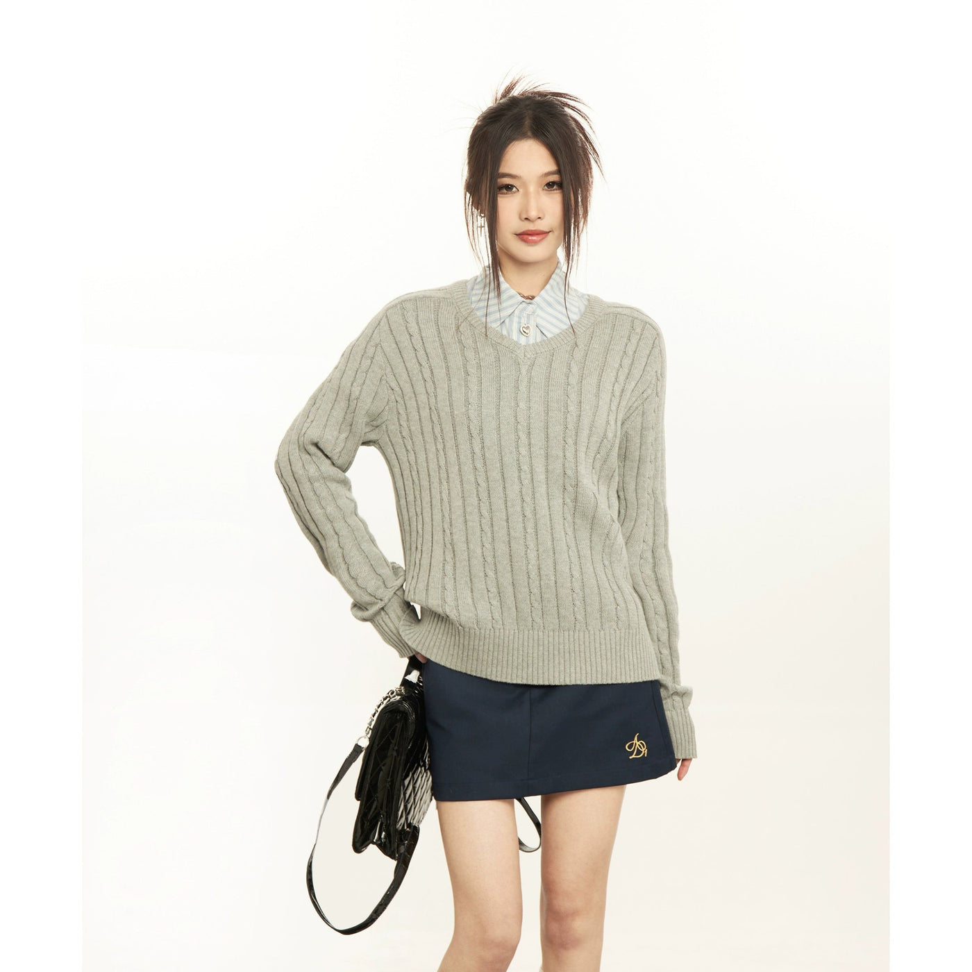 Mina Cozy Fit Cable Knit V-Neck Sweater-korean-fashion-Sweater-Mina's Closet-OH Garments