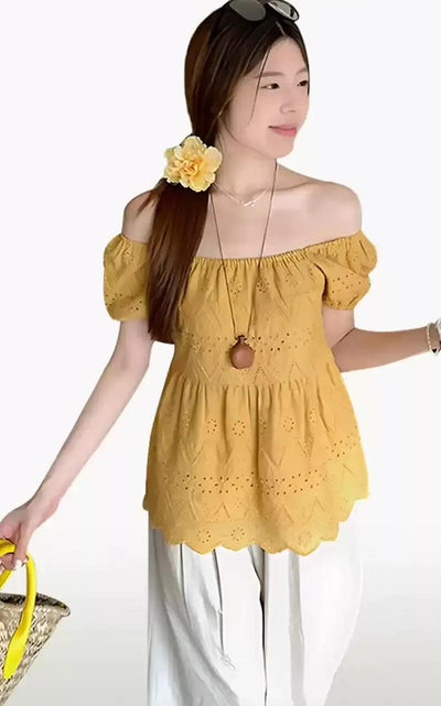Mina Eyelet Puff Sleeves Blouse-korean-fashion-Blouse-Mina's Closet-OH Garments