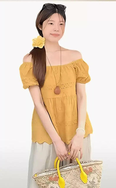 Mina Eyelet Puff Sleeves Blouse-korean-fashion-Blouse-Mina's Closet-OH Garments