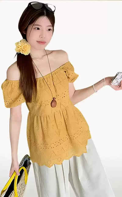 Mina Eyelet Puff Sleeves Blouse-korean-fashion-Blouse-Mina's Closet-OH Garments