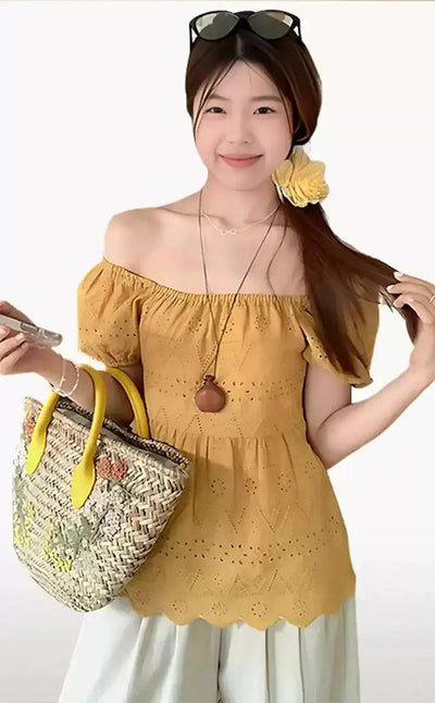 Mina Eyelet Puff Sleeves Blouse-korean-fashion-Blouse-Mina's Closet-OH Garments