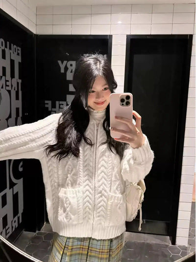 Mina Front Pocket Cable Knit Zipped Sweater-korean-fashion-Jacket-Mina's Closet-OH Garments