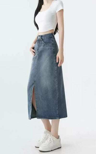 Mina High Waist Mid-Slit Denim Skirt-korean-fashion-Skirt-Mina's Closet-OH Garments