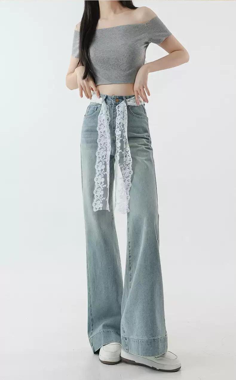 Mina Lace Belted Flared Jeans-korean-fashion-Jeans-Mina's Closet-OH Garments