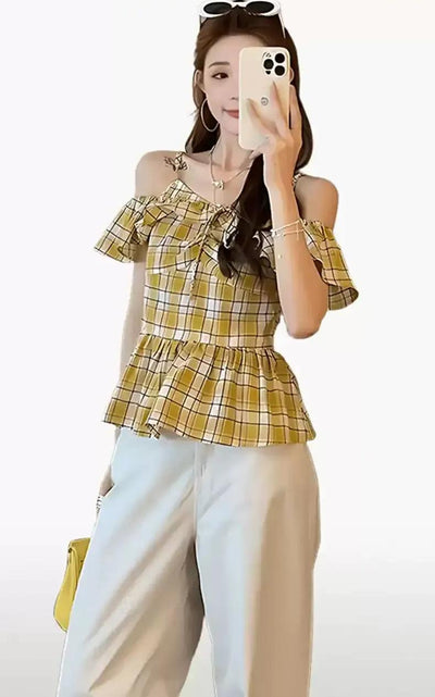Mina One-Shoulder Plaid Blouse-korean-fashion-Blouse-Mina's Closet-OH Garments