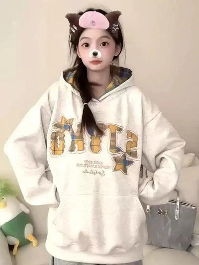 Mina Plaid Pattern Graphic Hoodie-korean-fashion-Hoodie-Mina's Closet-OH Garments