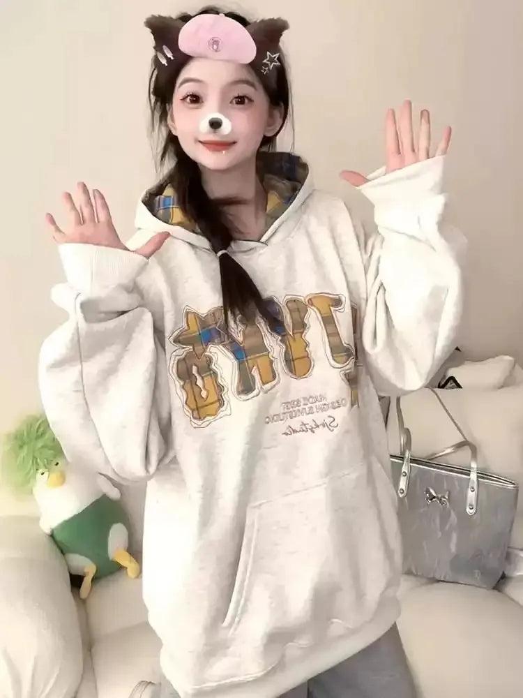 Mina Plaid Pattern Graphic Hoodie-korean-fashion-Hoodie-Mina's Closet-OH Garments