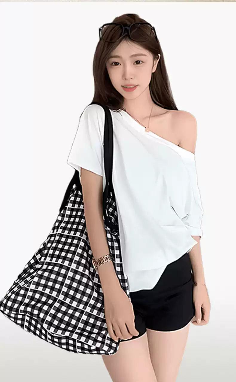 Mina Plain Color Slant Shoulder T-Shirt-korean-fashion-T-Shirt-Mina's Closet-OH Garments