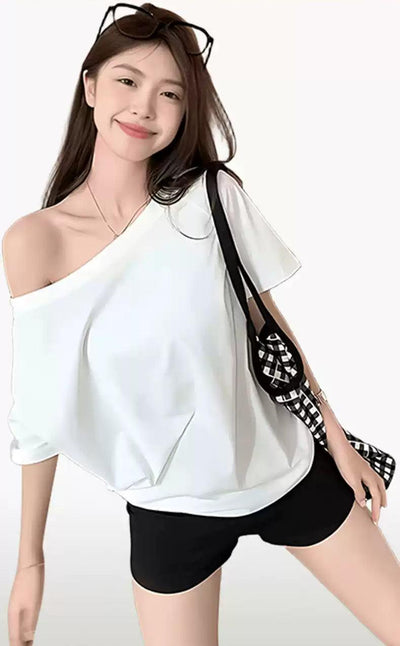 Mina Plain Color Slant Shoulder T-Shirt-korean-fashion-T-Shirt-Mina's Closet-OH Garments