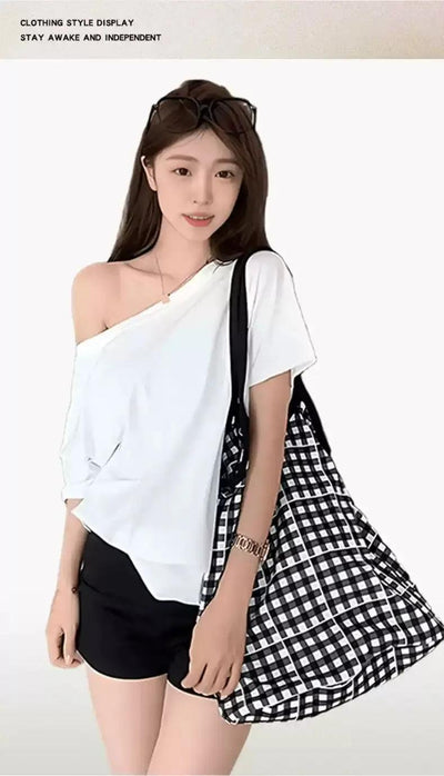 Mina Plain Color Slant Shoulder T-Shirt-korean-fashion-T-Shirt-Mina's Closet-OH Garments