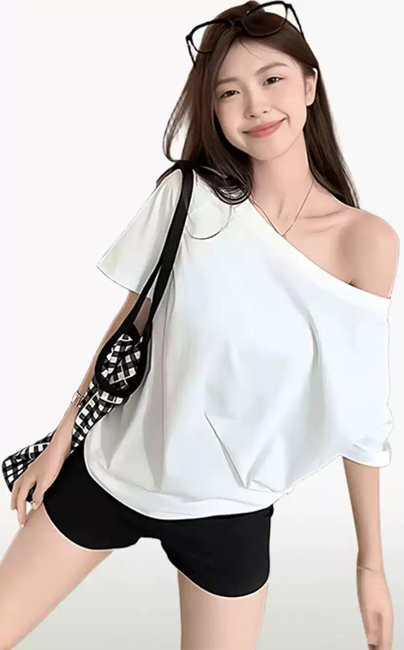Mina Plain Color Slant Shoulder T-Shirt-korean-fashion-T-Shirt-Mina's Closet-OH Garments