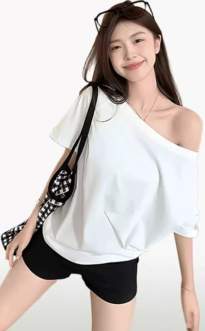 Mina Plain Color Slant Shoulder T-Shirt-korean-fashion-T-Shirt-Mina's Closet-OH Garments