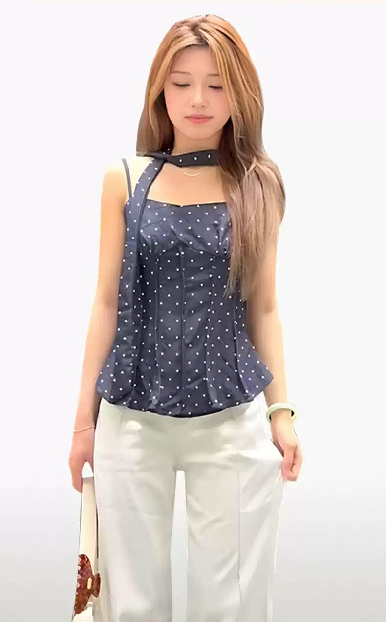 Mina Polka Dots Neck Strap Sleeveless Blouse-korean-fashion-Blouse-Mina's Closet-OH Garments