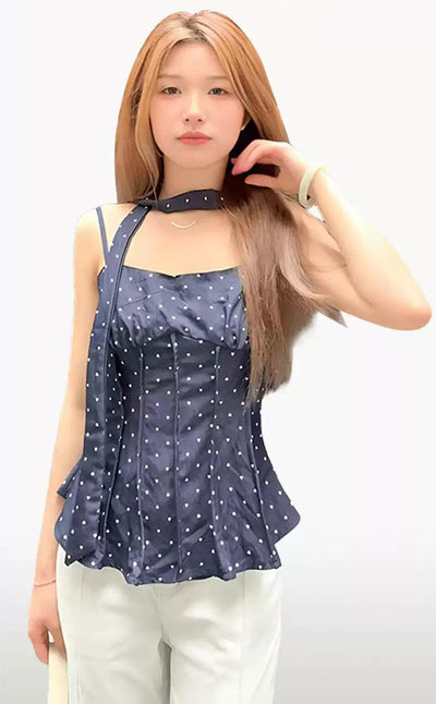 Mina Polka Dots Neck Strap Sleeveless Blouse-korean-fashion-Blouse-Mina's Closet-OH Garments