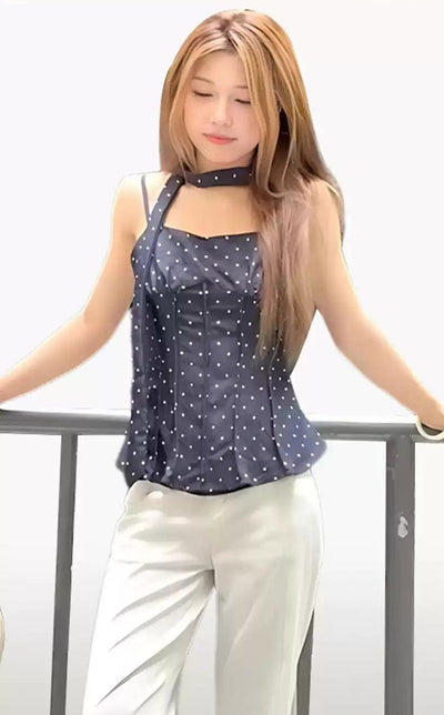 Mina Polka Dots Neck Strap Sleeveless Blouse-korean-fashion-Blouse-Mina's Closet-OH Garments