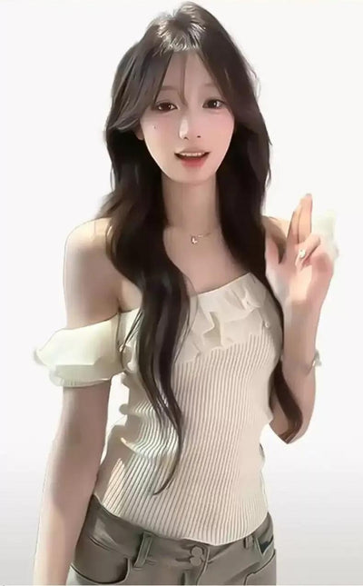 Mina Ruffled Knit Slant Shoulder Blouse-korean-fashion-Blouse-Mina's Closet-OH Garments
