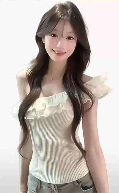 Mina Ruffled Knit Slant Shoulder Blouse-korean-fashion-Blouse-Mina's Closet-OH Garments
