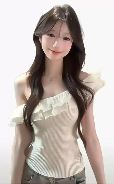 Mina Ruffled Knit Slant Shoulder Blouse-korean-fashion-Blouse-Mina's Closet-OH Garments