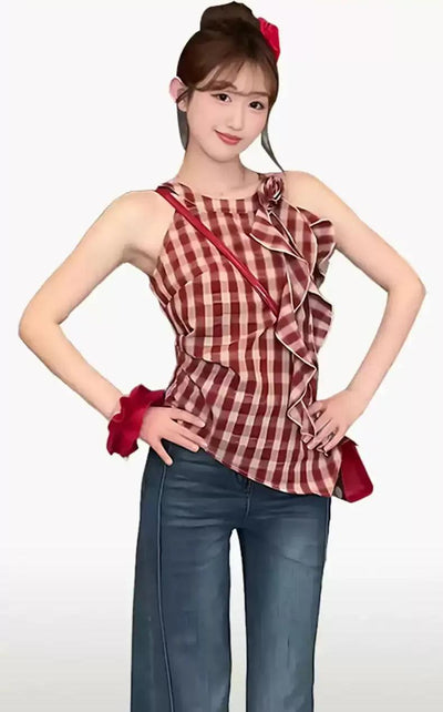 Mina Ruffled Plaid Sleeveless Blouse-korean-fashion-Blouse-Mina's Closet-OH Garments