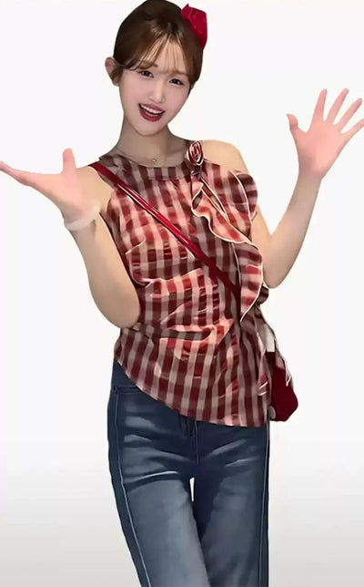 Mina Ruffled Plaid Sleeveless Blouse-korean-fashion-Blouse-Mina's Closet-OH Garments