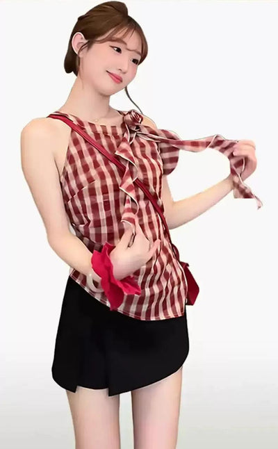 Mina Ruffled Plaid Sleeveless Blouse-korean-fashion-Blouse-Mina's Closet-OH Garments