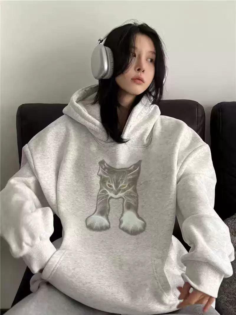 Mina Stretching Cat Graphic Print Hoodie-korean-fashion-Hoodie-Mina's Closet-OH Garments