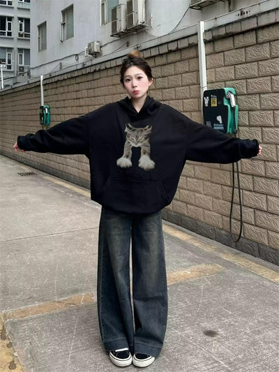 Mina Stretching Cat Graphic Print Hoodie-korean-fashion-Hoodie-Mina's Closet-OH Garments