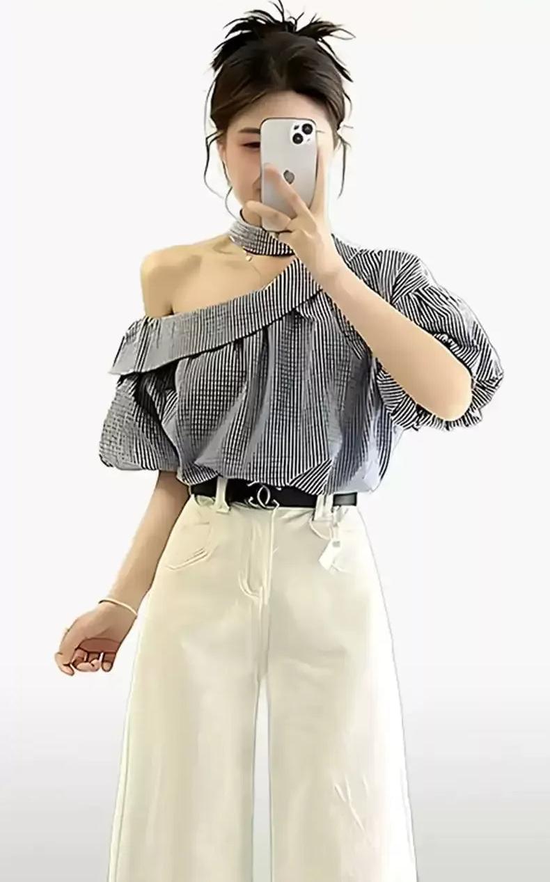 Mina Striped Off-Shoulder Blouse-korean-fashion-Blouse-Mina's Closet-OH Garments