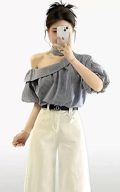 Mina Striped Off-Shoulder Blouse-korean-fashion-Blouse-Mina's Closet-OH Garments