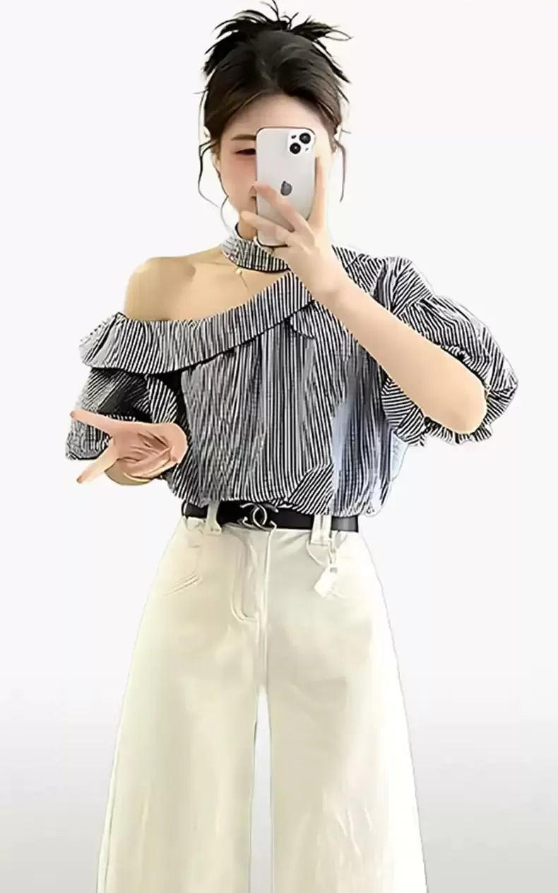 Mina Striped Off-Shoulder Blouse-korean-fashion-Blouse-Mina's Closet-OH Garments
