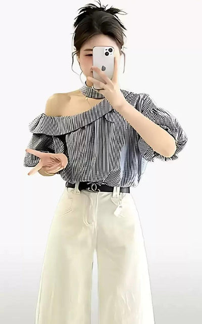 Mina Striped Off-Shoulder Blouse-korean-fashion-Blouse-Mina's Closet-OH Garments