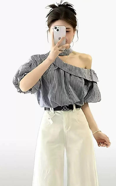 Mina Striped Off-Shoulder Blouse-korean-fashion-Blouse-Mina's Closet-OH Garments