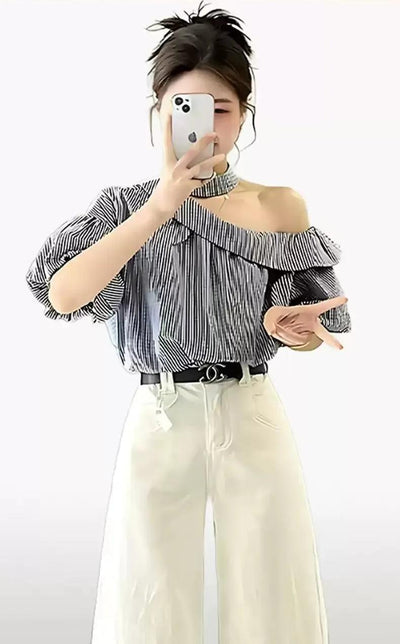 Mina Striped Off-Shoulder Blouse-korean-fashion-Blouse-Mina's Closet-OH Garments