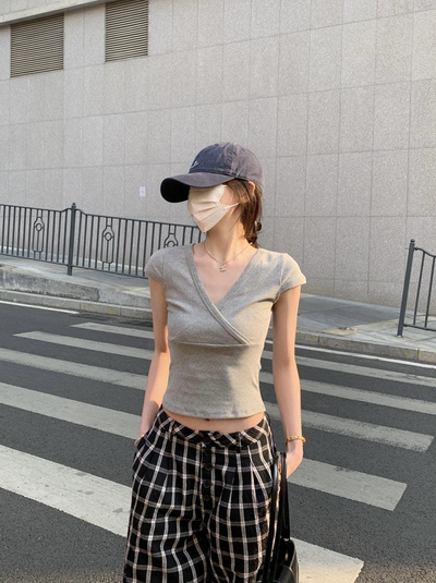 Mina V-Neck Wrap Cropped T-Shirt-korean-fashion-T-Shirt-Mina's Closet-OH Garments