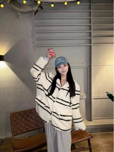 Mina Wide Striped Fleece Jacket-korean-fashion-Jacket-Mina's Closet-OH Garments