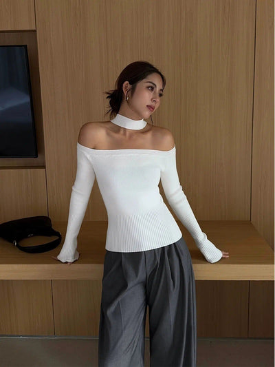 Neva Plain Off-Shoulder Long Sleeve Blouse-korean-fashion-Blouse-Neva's Closet-OH Garments