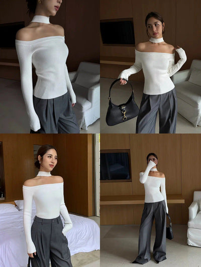Neva Plain Off-Shoulder Long Sleeve Blouse-korean-fashion-Blouse-Neva's Closet-OH Garments