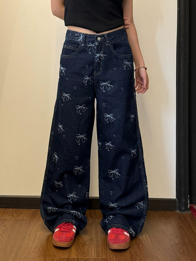 Nine Bow Full-Print Jeans-korean-fashion-Jeans-Nine's Closet-OH Garments