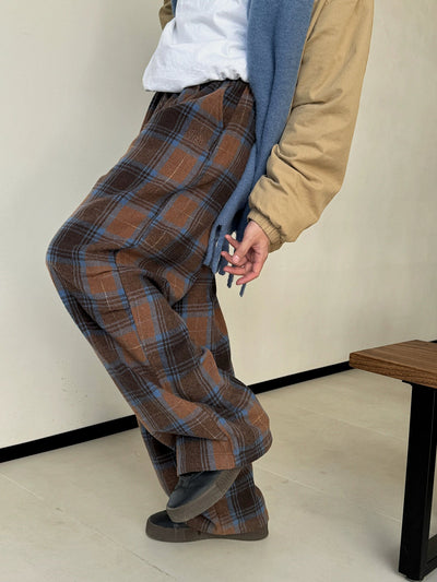 Nine Contrast Plaid Wide Sweatpants-korean-fashion-Pants-Nine's Closet-OH Garments