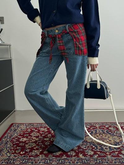 Nine Detachable Plaid Straight Jeans-korean-fashion-Jeans-Nine's Closet-OH Garments