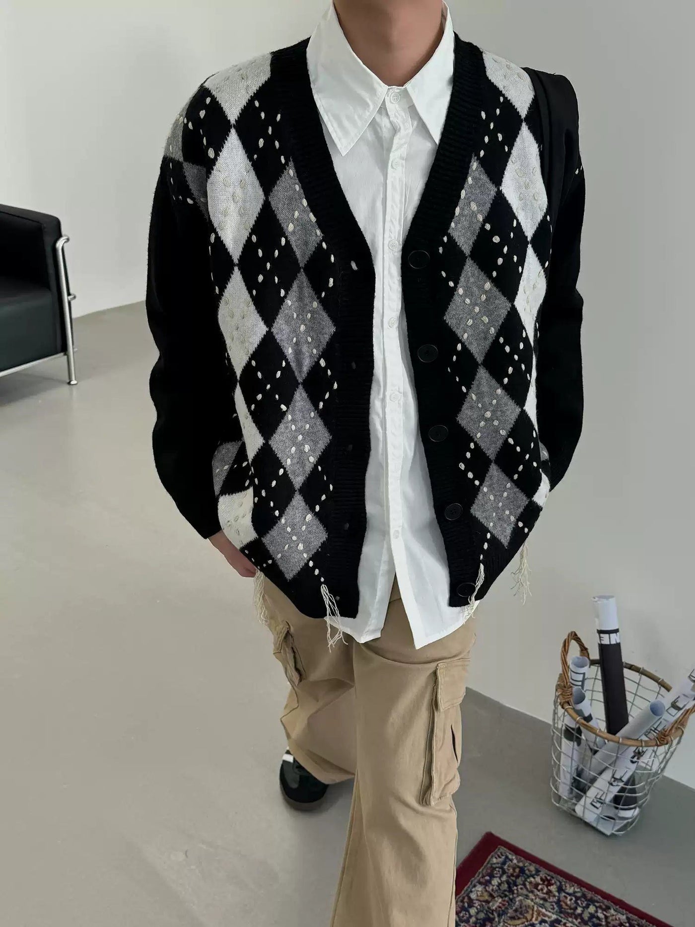 Nine Diamond Checked Knit V-Neck Cardigan-korean-fashion-Cardigan-Nine's Closet-OH Garments