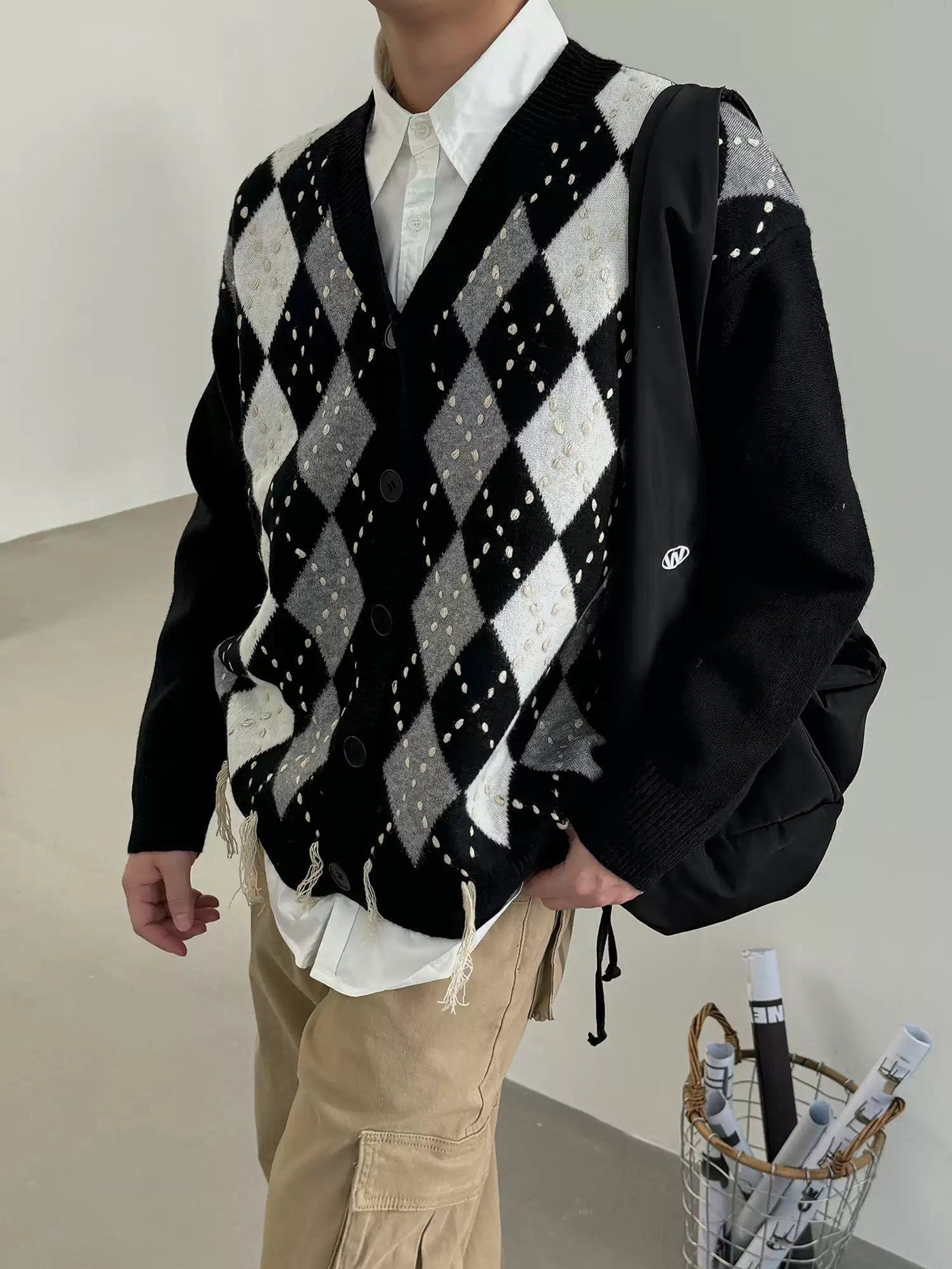 Nine Diamond Checked Knit V-Neck Cardigan-korean-fashion-Cardigan-Nine's Closet-OH Garments