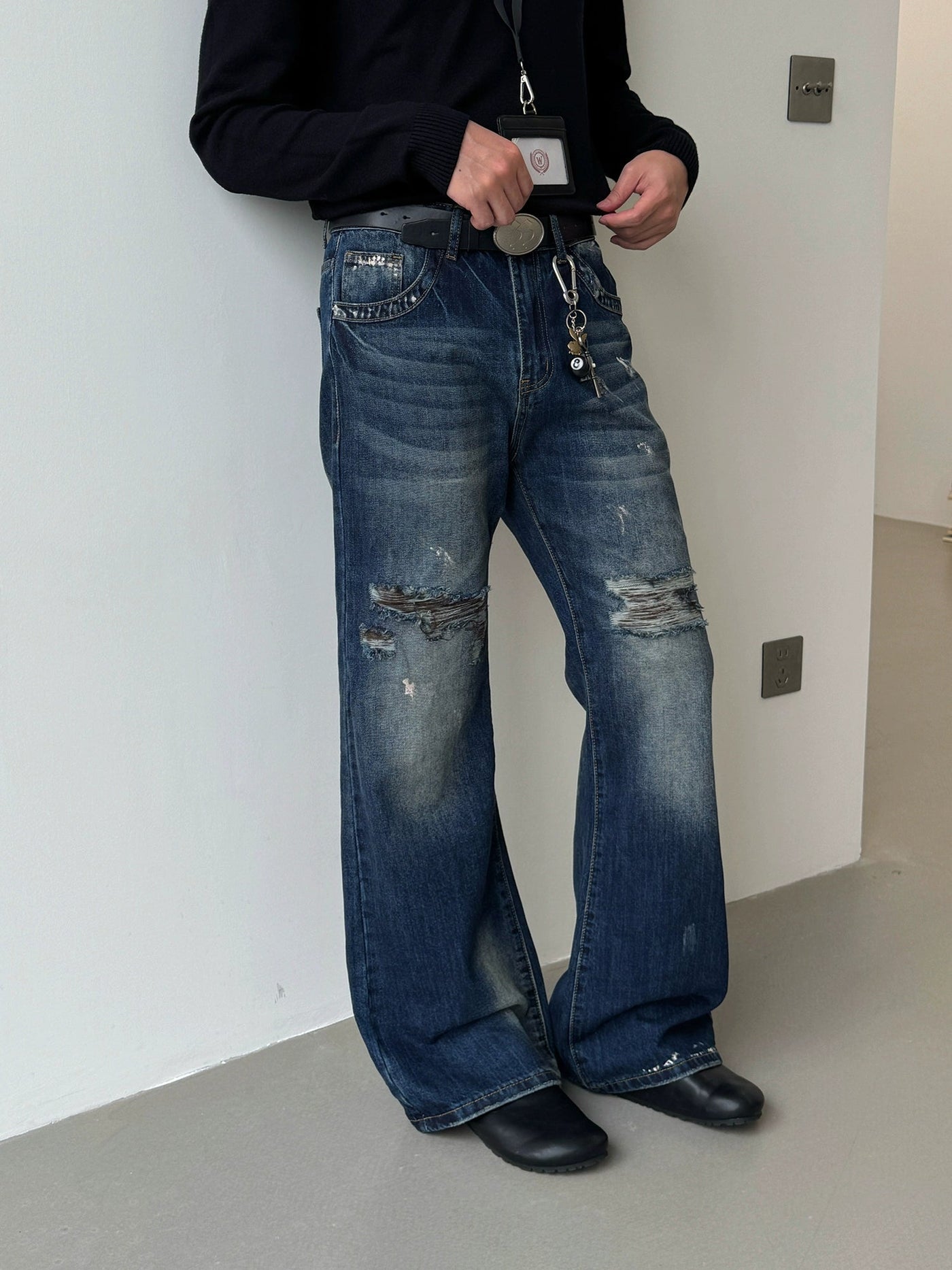 Nine Distressed and Splatters Workwear Jeans-korean-fashion-Jeans-Nine's Closet-OH Garments