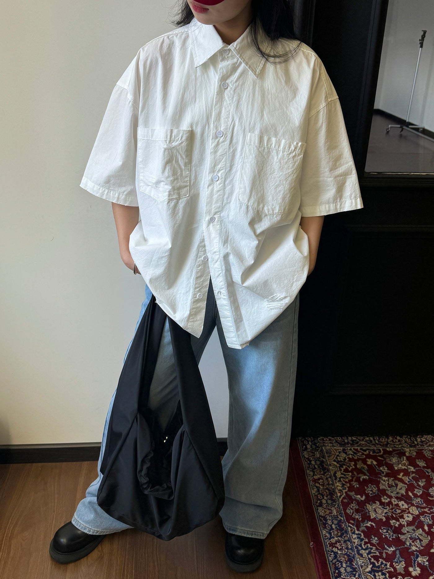 Nine Distressed Pocket Short Sleeve Shirt-korean-fashion-Shirt-Nine's Closet-OH Garments